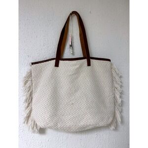 Nalini Chevron Fringe Tote Bag Cream Beige Leather Trim Boho Tassel Large